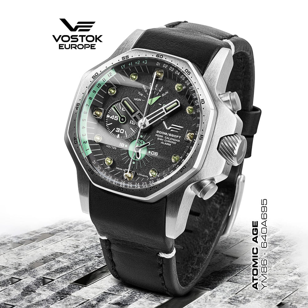 VOSTOK EUROPE Automatic Movt. Atomic Age 20ATM WR Mens Watch with Black Genuine Leather Strap