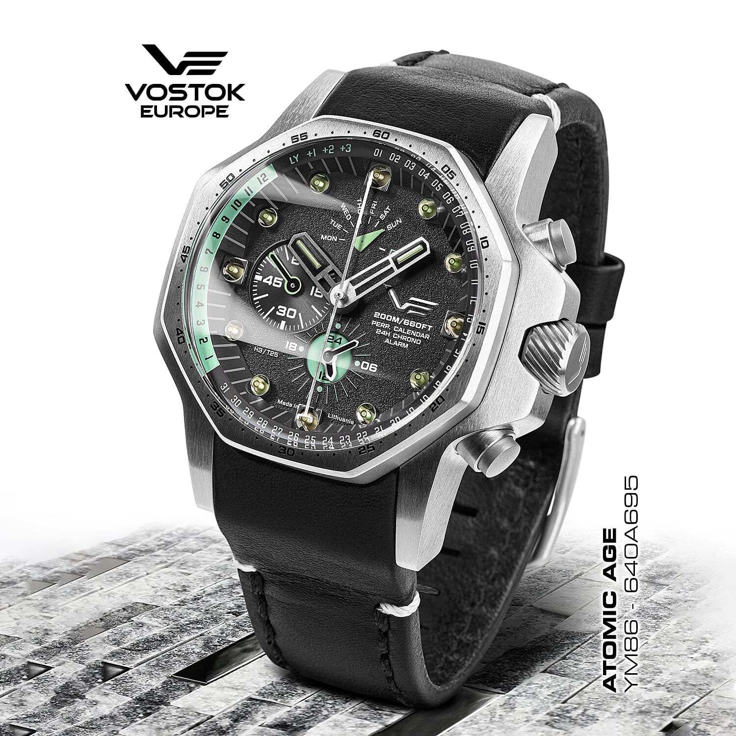 VOSTOK EUROPE Automatic Movt. Atomic Age 20ATM WR Mens Watch with Black Genuine Leather Strap