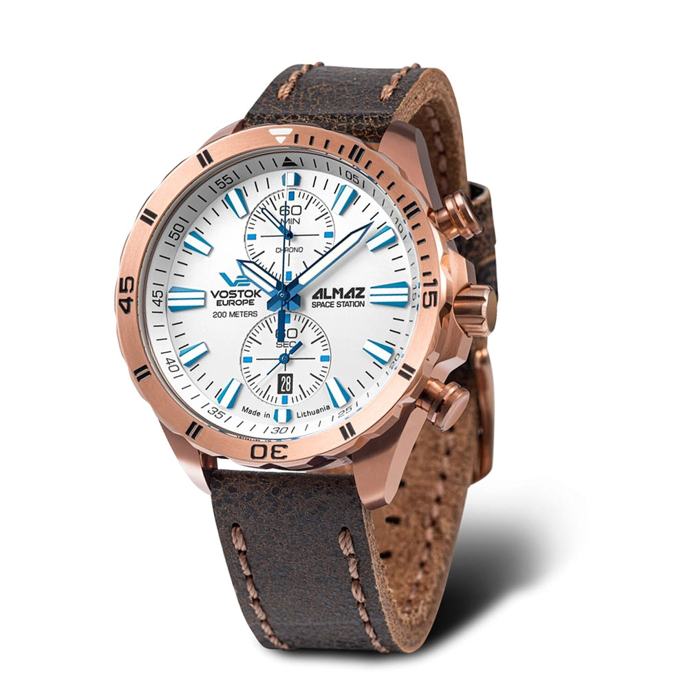 VOSTOK EUROPE Almaz Miyota 6S11 Quartz Movt. 20ATM WR White Dial - Rose Case Mens Watch with Brown Leather Strap