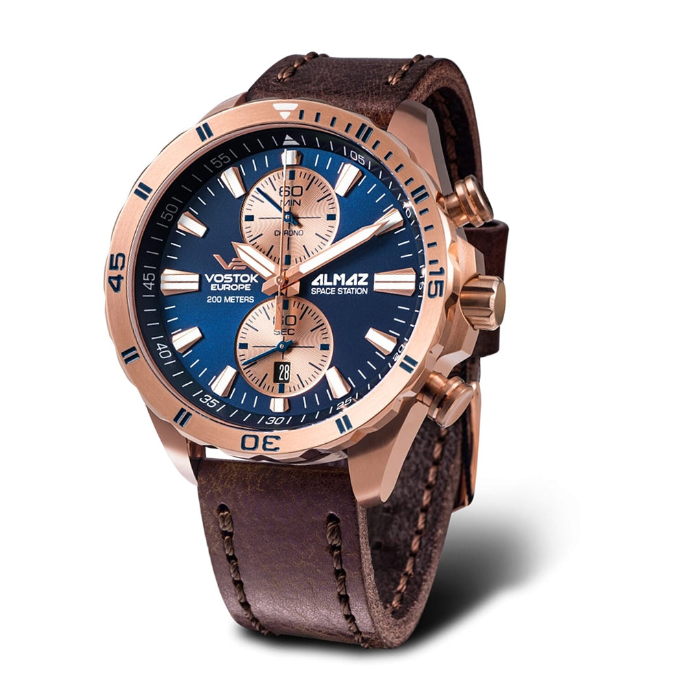 VOSTOK EUROPE Almaz Quartz Movt. 20ATM WR Blue Dial - Rose Colour Case Mens Watch with Brown Leather Strap