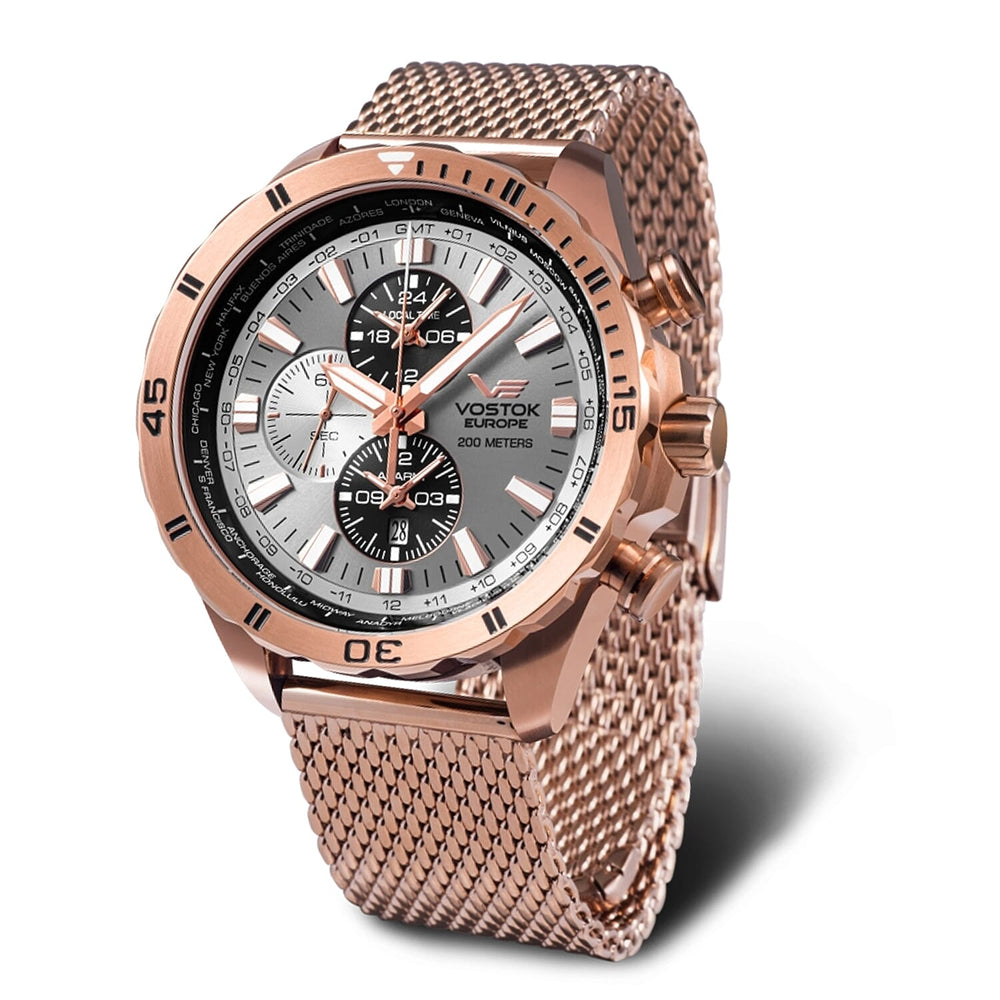 VOSTOK EUROPE Almaz Seiko Epson YM26 Quartz Movt. 20ATM WR Grey Dial Mens Watch with Rose Colour Stainless Steel Mesh Strap