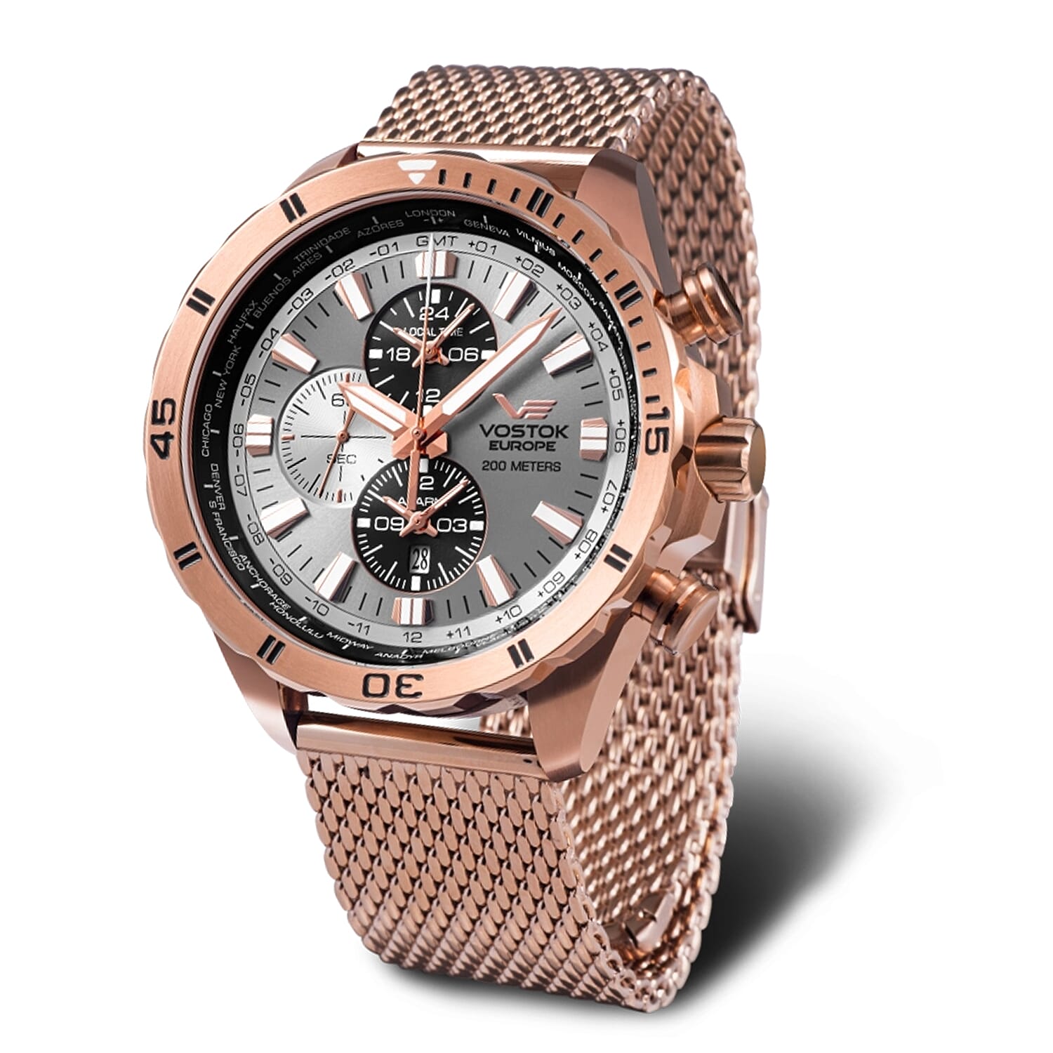 VOSTOK EUROPE Almaz Seiko Epson YM26 Quartz Movt. 20ATM WR Grey Dial Mens Watch with Rose Colour Stainless Steel Mesh Strap