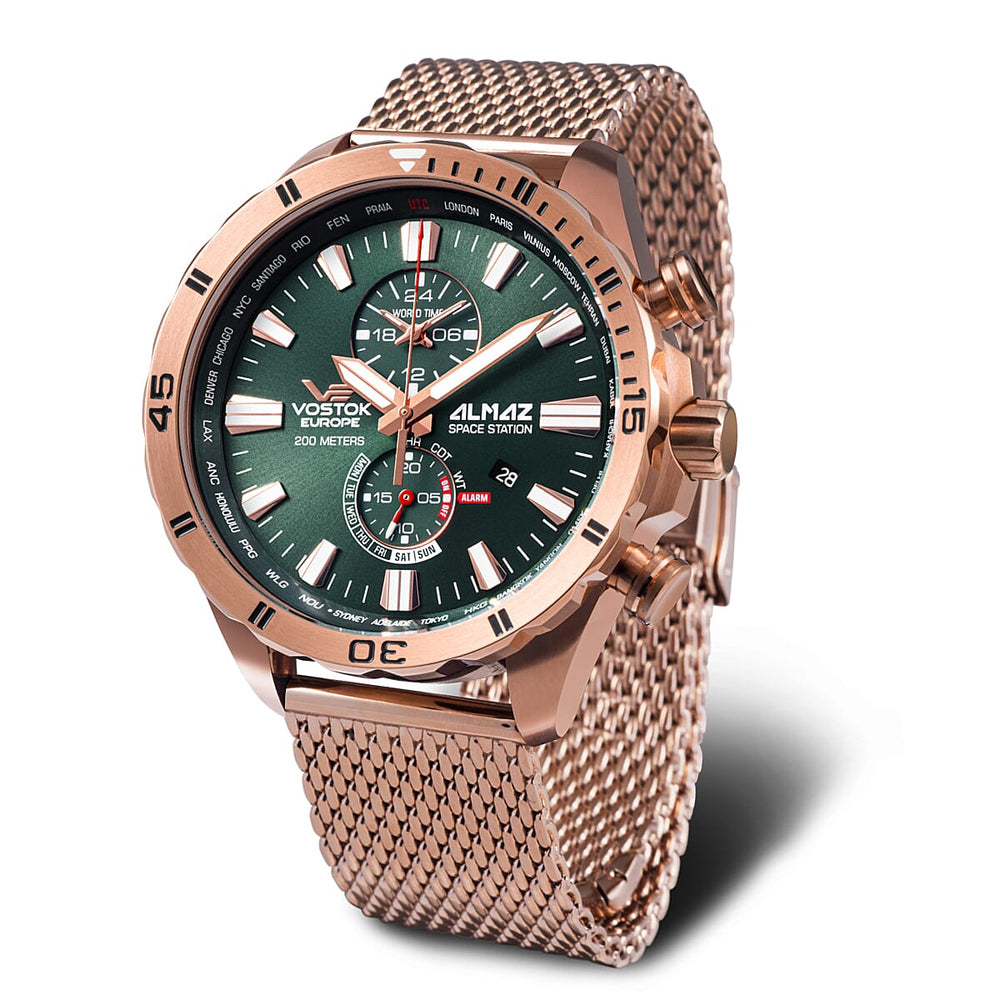 VOSTOK EUROPE Almaz Space Station Quartz Movt. 20ATM WR Green Dial Mens Watch with Rose Colour Stainless Steel Strap