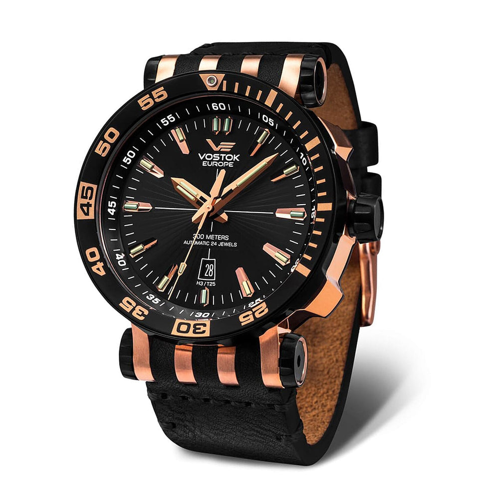 VOSTOK EUROPE Energia Automatic Movt. 30ATM WR Rose PVD Plated Black Dial Mens Watch with Black Leather - Silicone Strap