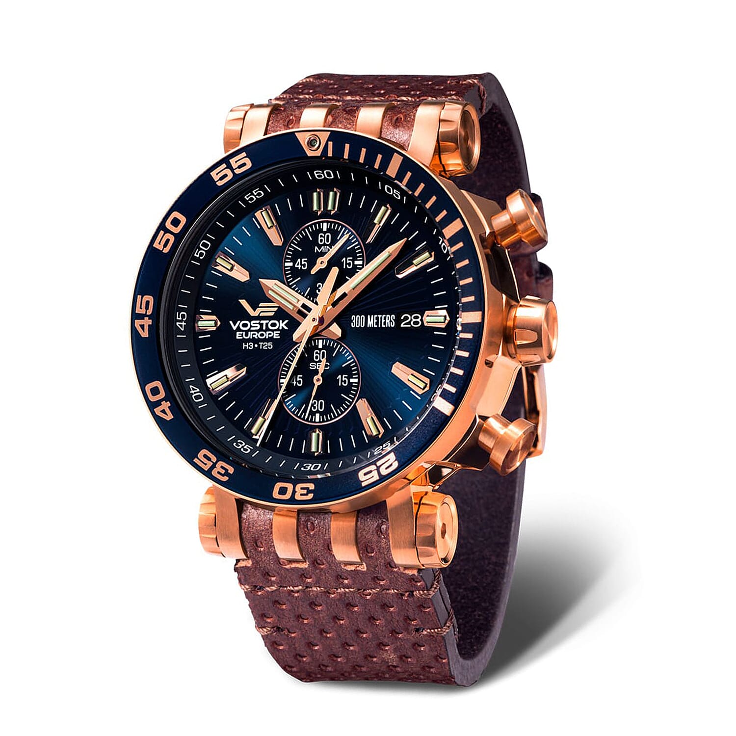 VOSTOK EUROPE Energia Quartz 30ATM WR Blue Dial Mens Watch with Brown Leather Strap