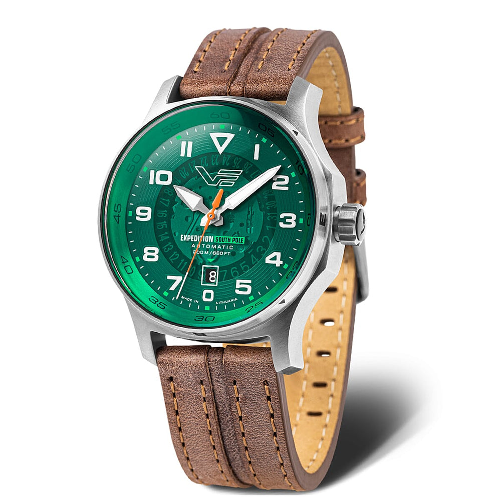 VOSTOK EUROPE Expedition Automatic Movt. 20ATM WR Green Finish Mens Watch with Brown Leather Strap with Complimentary Silicone Strap