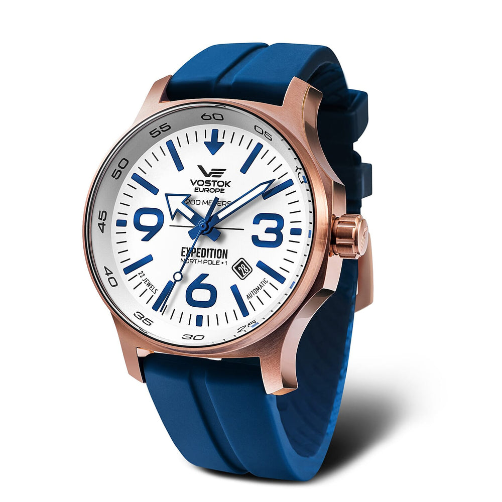 VOSTOK EUROPE Expedition Automatic Movt. 20ATM WR Rose Gold PVD Plated White Dial Mens Watch with Blue Silicone Strap