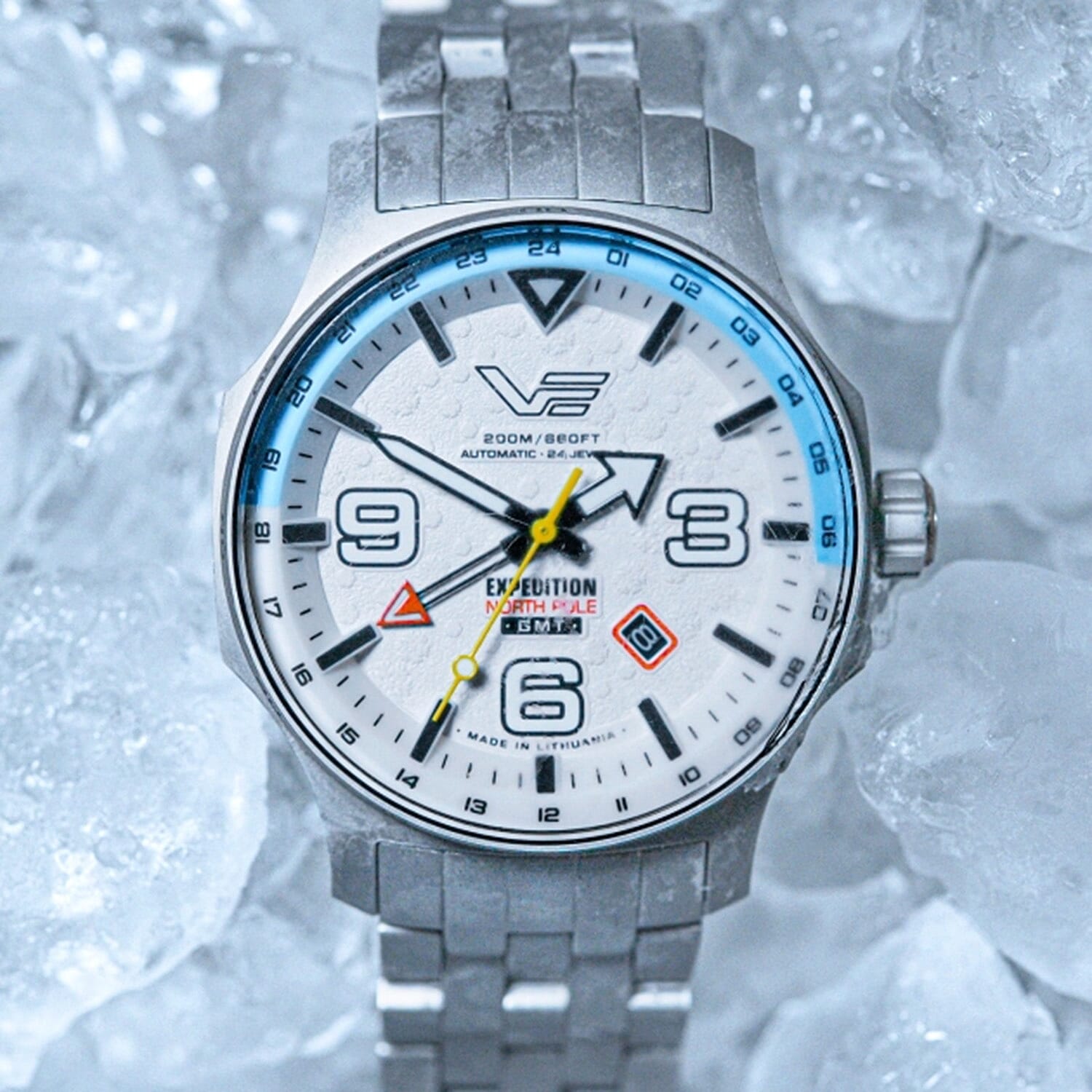 THE BLACK FRIDAY LAUNCH- VOSTOK EUROPE Expedition Frost Automatic NH34 GMT 20ATM Stainless Steel Mens White Dial Watch with Stainless Steel Bracelet Strap