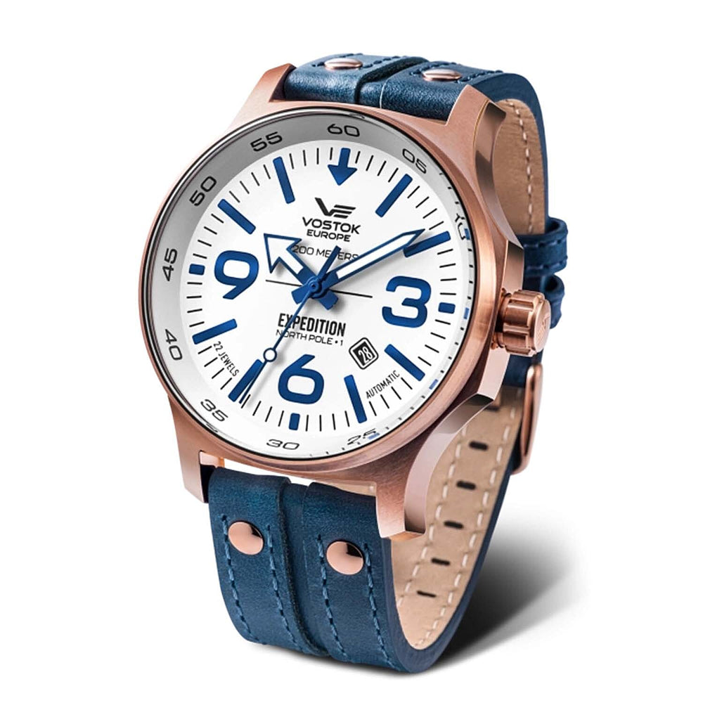 VOSTOK EUROPE Expedition North Pole Epson YN55 Automatic Movt. 20ATM WR White Dial - Rose Case Mens Watch with Blue Leather Strap