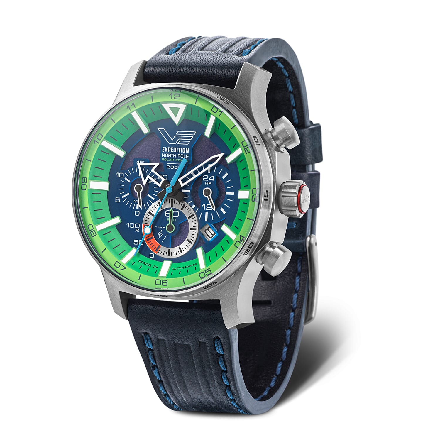 VOSTOK EUROPE Expedition Solar Polar Spruce 20ATM WR Green - Blue Dial Mens Watch with Blue Leather Strap