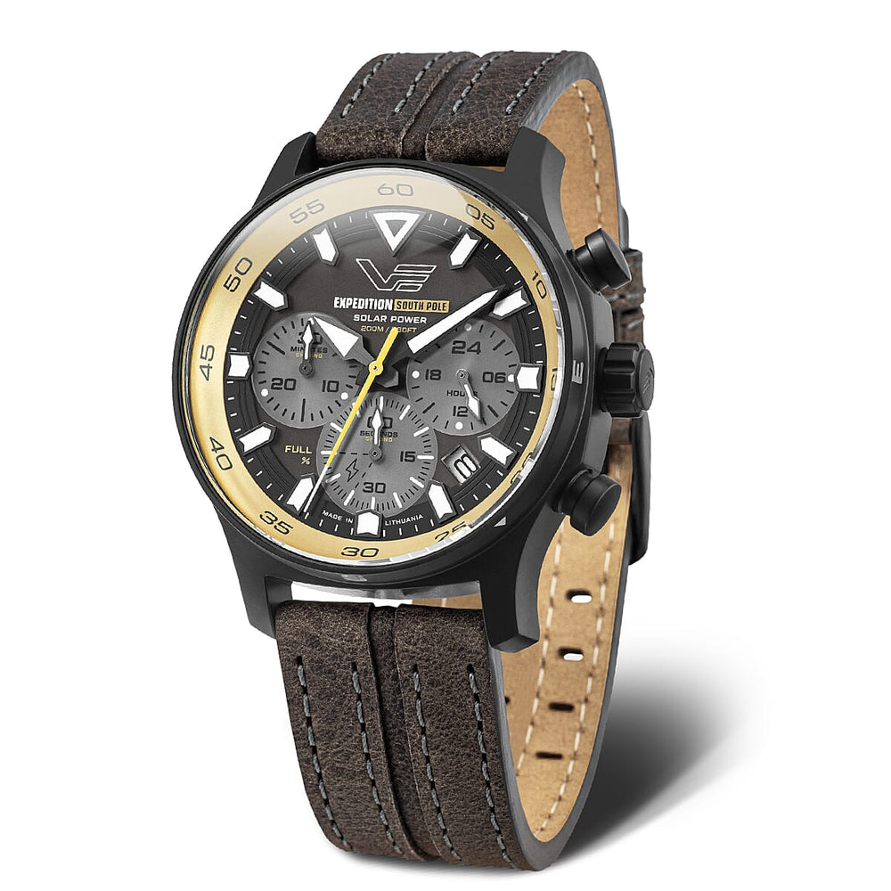 VOSTOK EUROPE Expedition Solar Powered 20ATM WR Black PVD Mens Watch with Khaki Leather Strap with Complimentary Silicone Strap