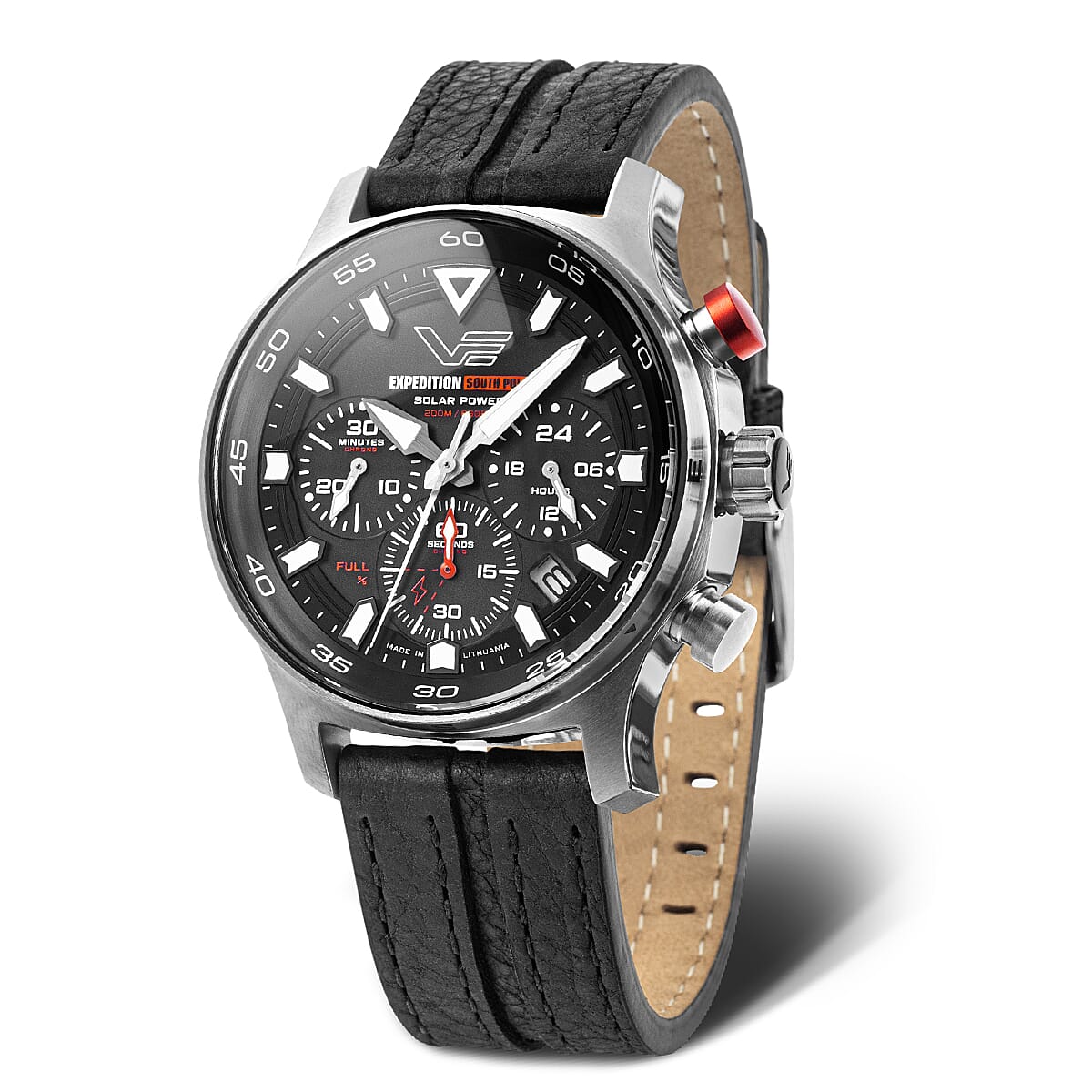 VOSTOK EUROPE Expedition Solar Powered 20ATM WR Black & Red Finish Mens Watch with Black Leather Strap with Complementary Silicone strap
