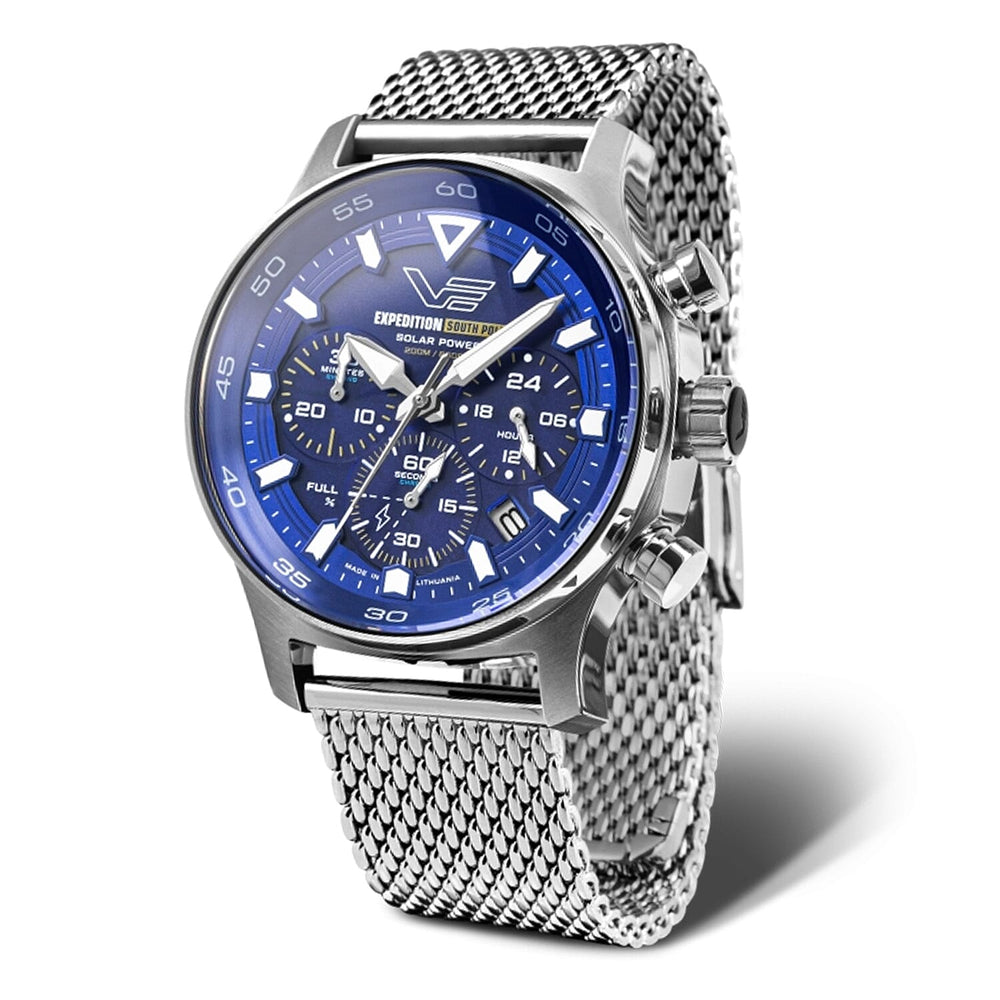 VOSTOK EUROPE Expedition South Pole Solar VR42 Solar 20ATM Stainless Steel Mens Blue Dial Watch with Stainless Steel Mesh Strap