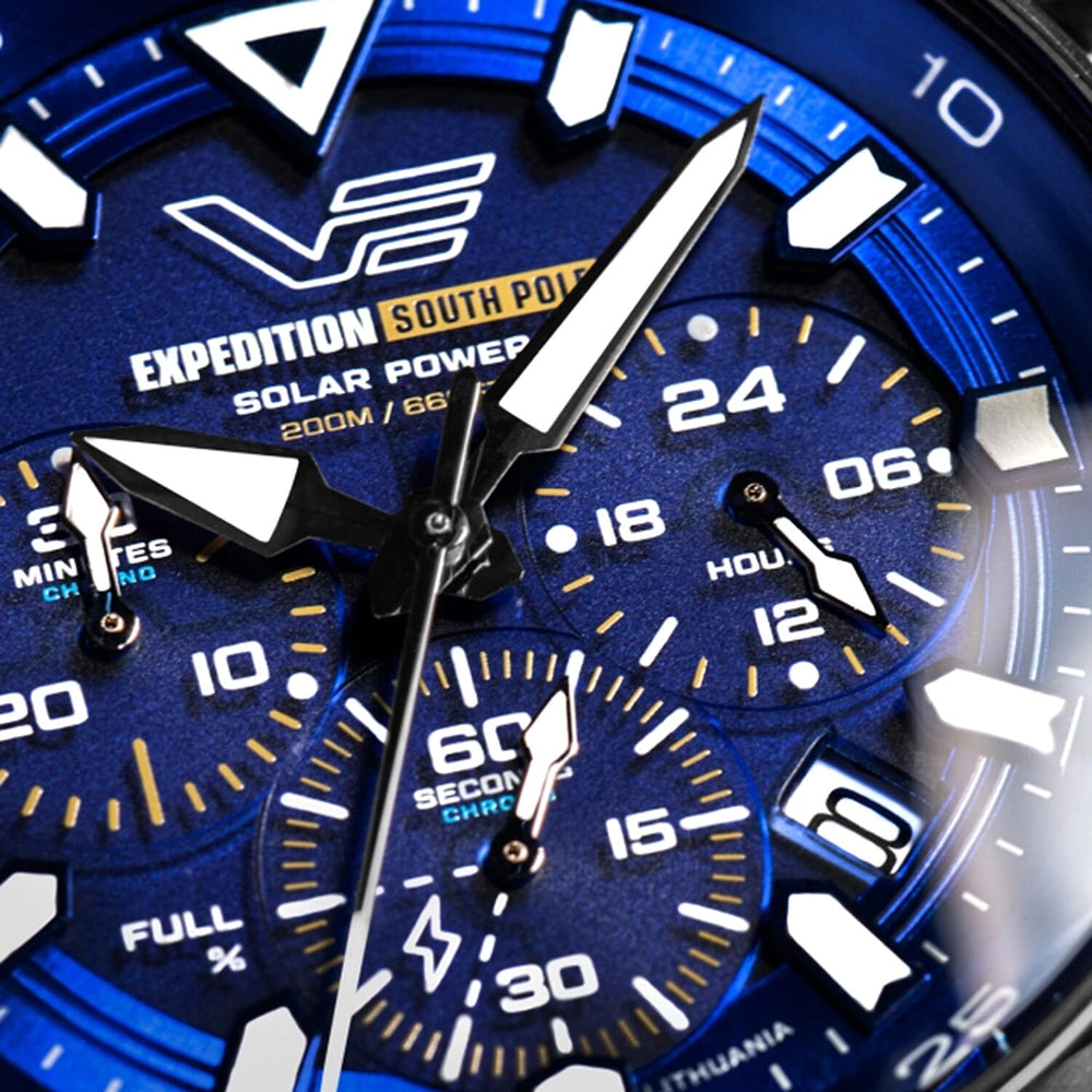 VOSTOK EUROPE Expedition South Pole Solar VR42 Solar 20ATM Stainless Steel Mens Blue Dial Watch with Stainless Steel Mesh Strap