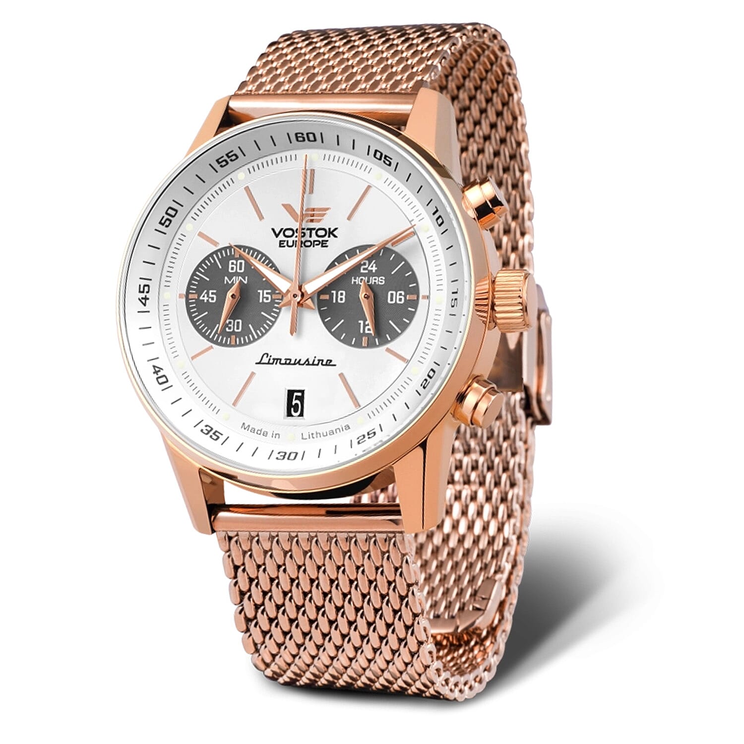 VOSTOK EUROPE Limousine Automatic NH35 Automatic 5ATM Stainless Steel Mens White Dial Watch with Stainless Steel Mesh Strap