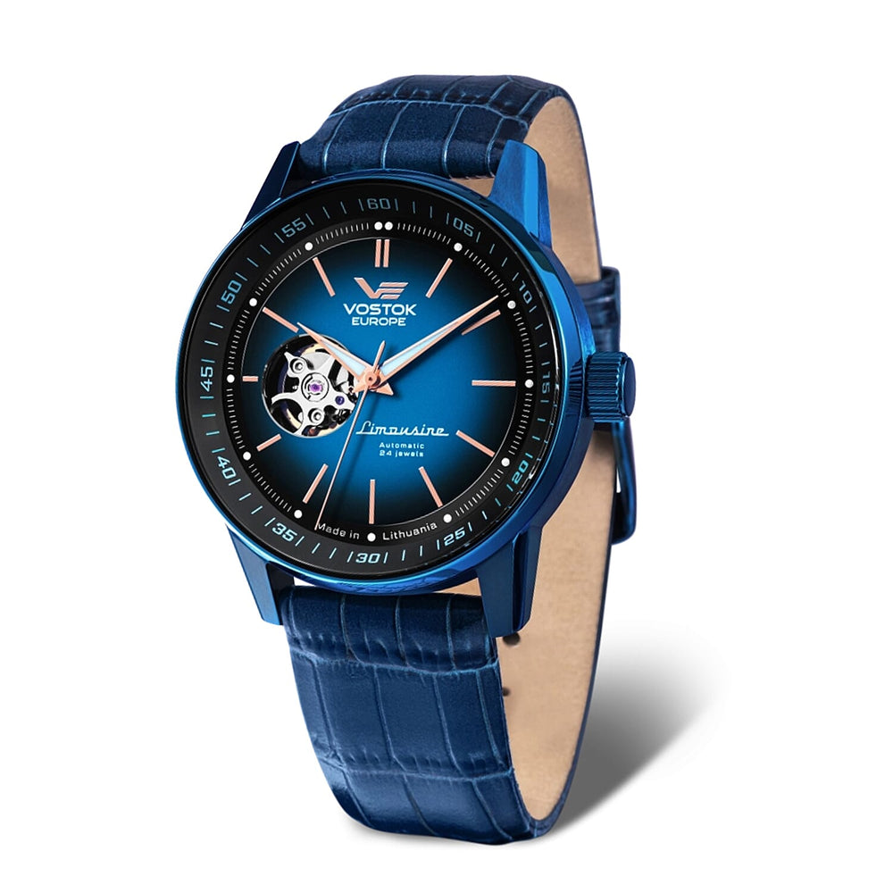 VOSTOK EUROPE Limousine NH38 Automatic Movt. 5ATM WR Blue Dial Mens Watch with Blue Leather Strap