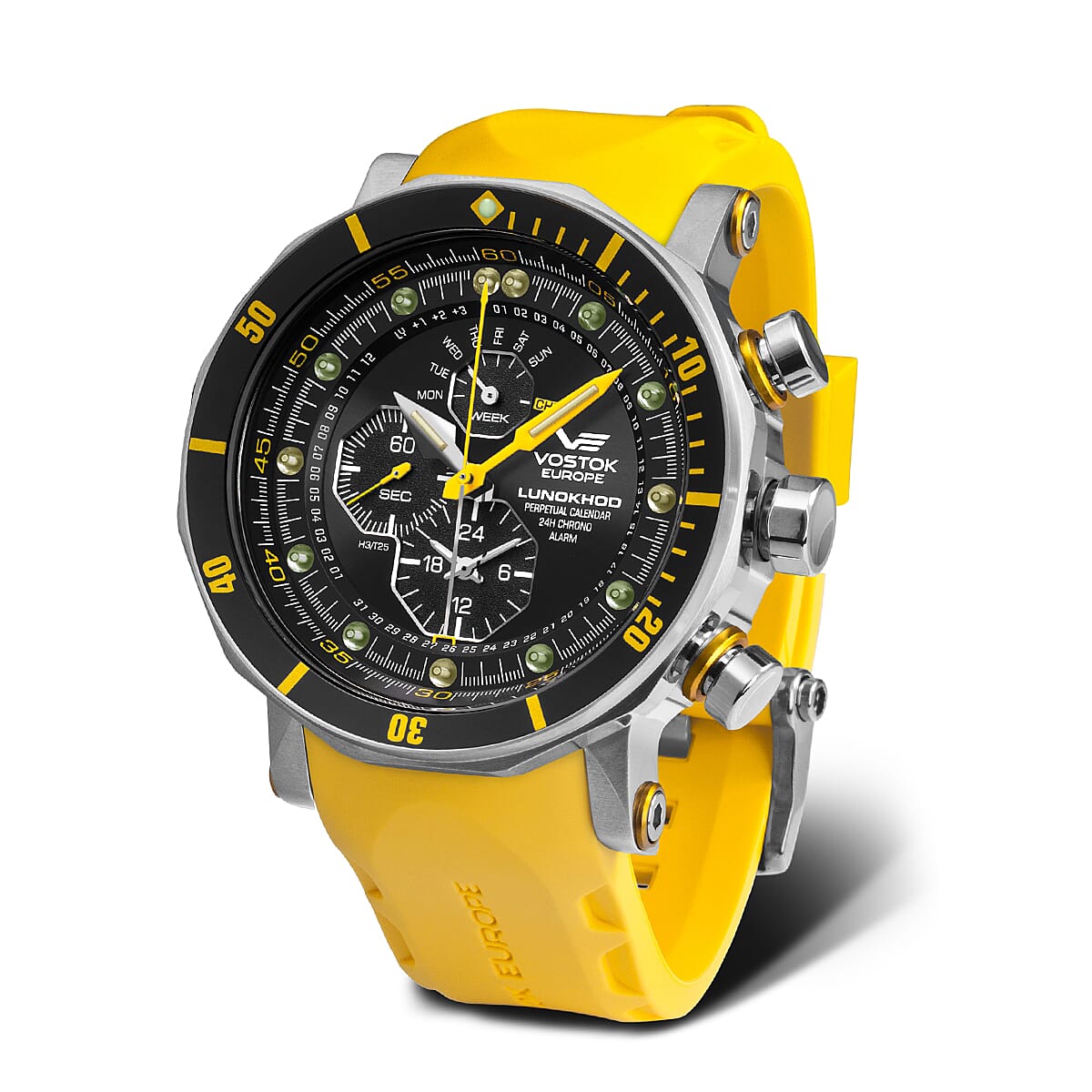 VOSTOK EUROPE Lunokhod-2 Yellow Quartz Movt. 20ATM WR Black Dial Mens Watch with Black -