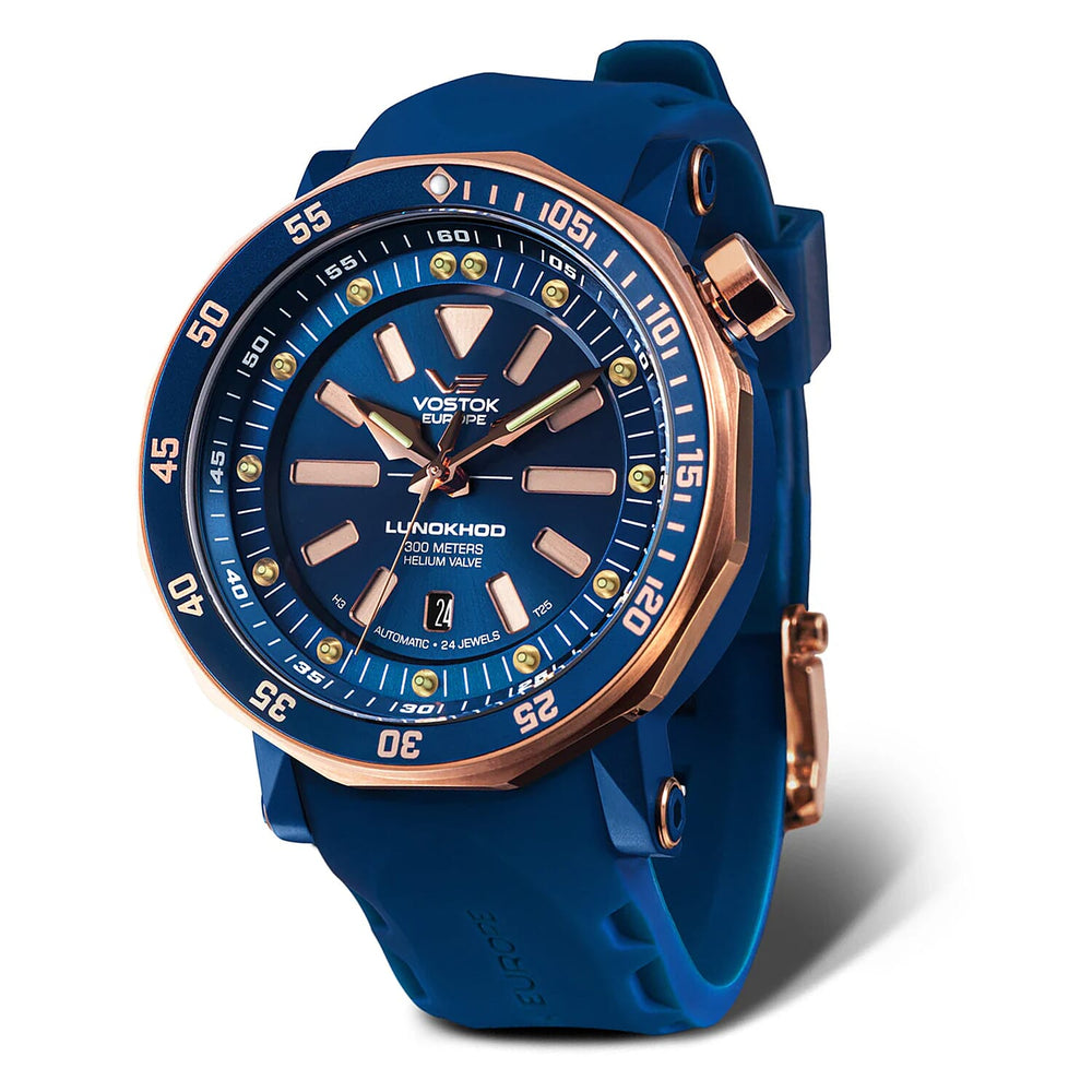 VOSTOK EUROPE Lunokhod Automatic Movt. 30ATM WR Blue Dial - Rose Colour Case Mens Watch with Blue Leather Strap