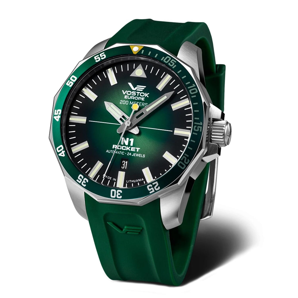 VOSTOK EUROPE N! Rocket Automatic Movt. 20ATM WR Green Dial Mens Watch with Green Leather Strap