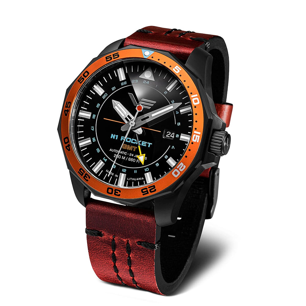 VOSTOK EUROPE Rocket N1 Automatic Movt. 20 ATM Water Resistant Watch with Black PVD & Genuine Leather Strap
