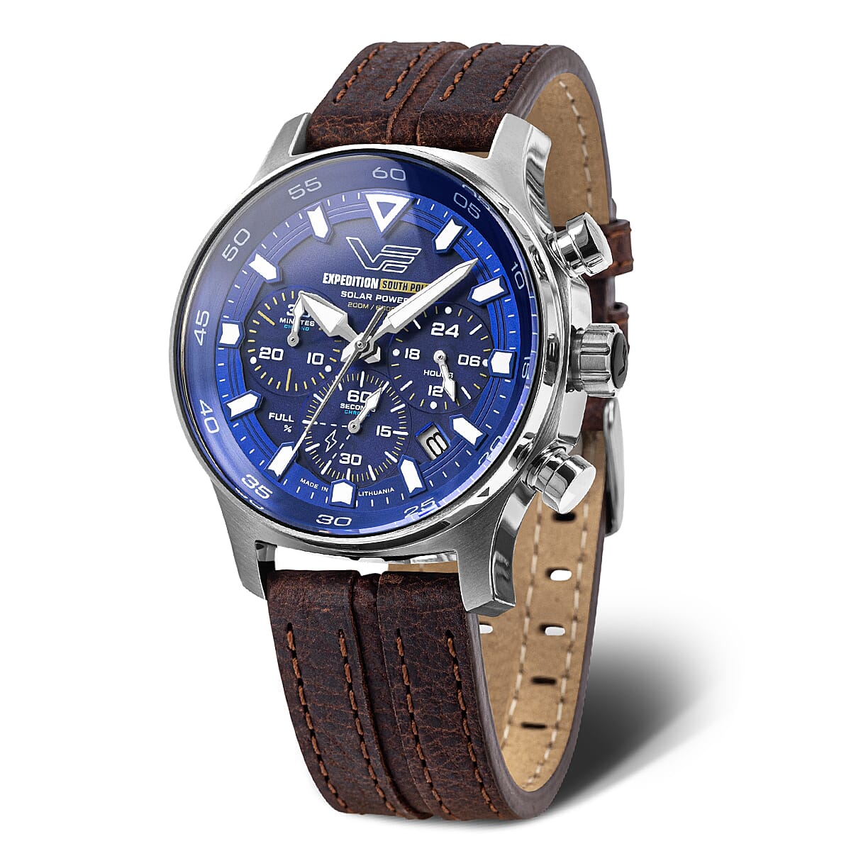 VOSTOK EUROPE Solar Powered 20ATM WR Blue Finish Mens Watch with Brown Leather Strap with Complimentary Silicone Strap