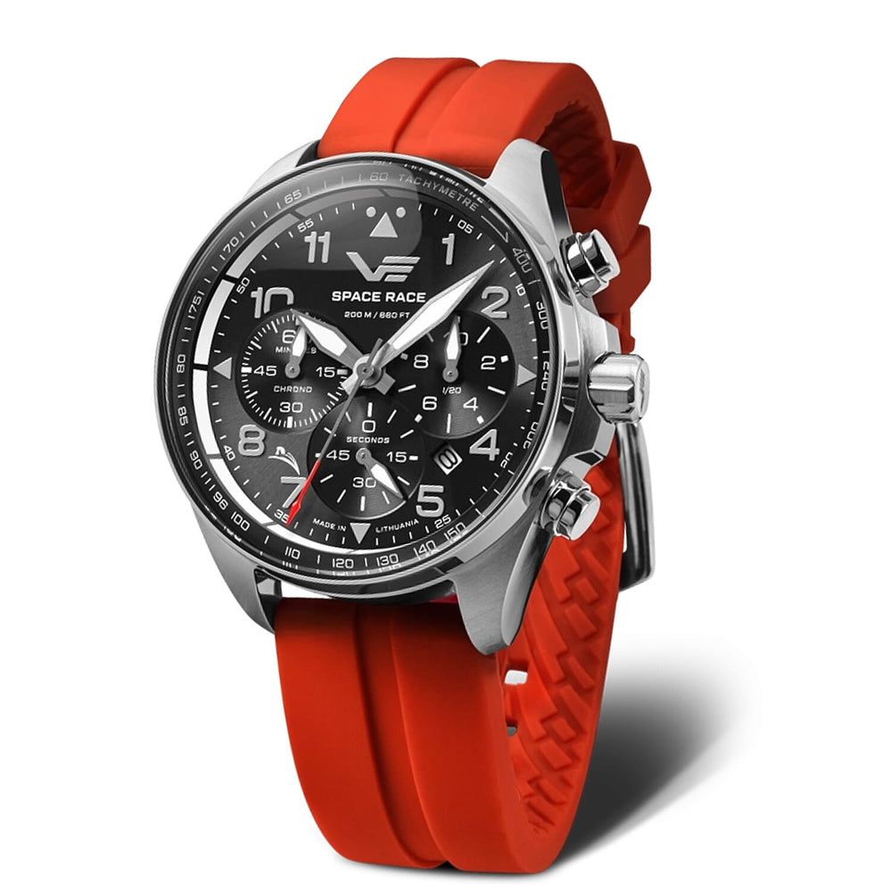 VOSTOK EUROPE Space Race Quartz Movt. 20ATM WR Black Dial Mens Watch with Red Colour Strap
