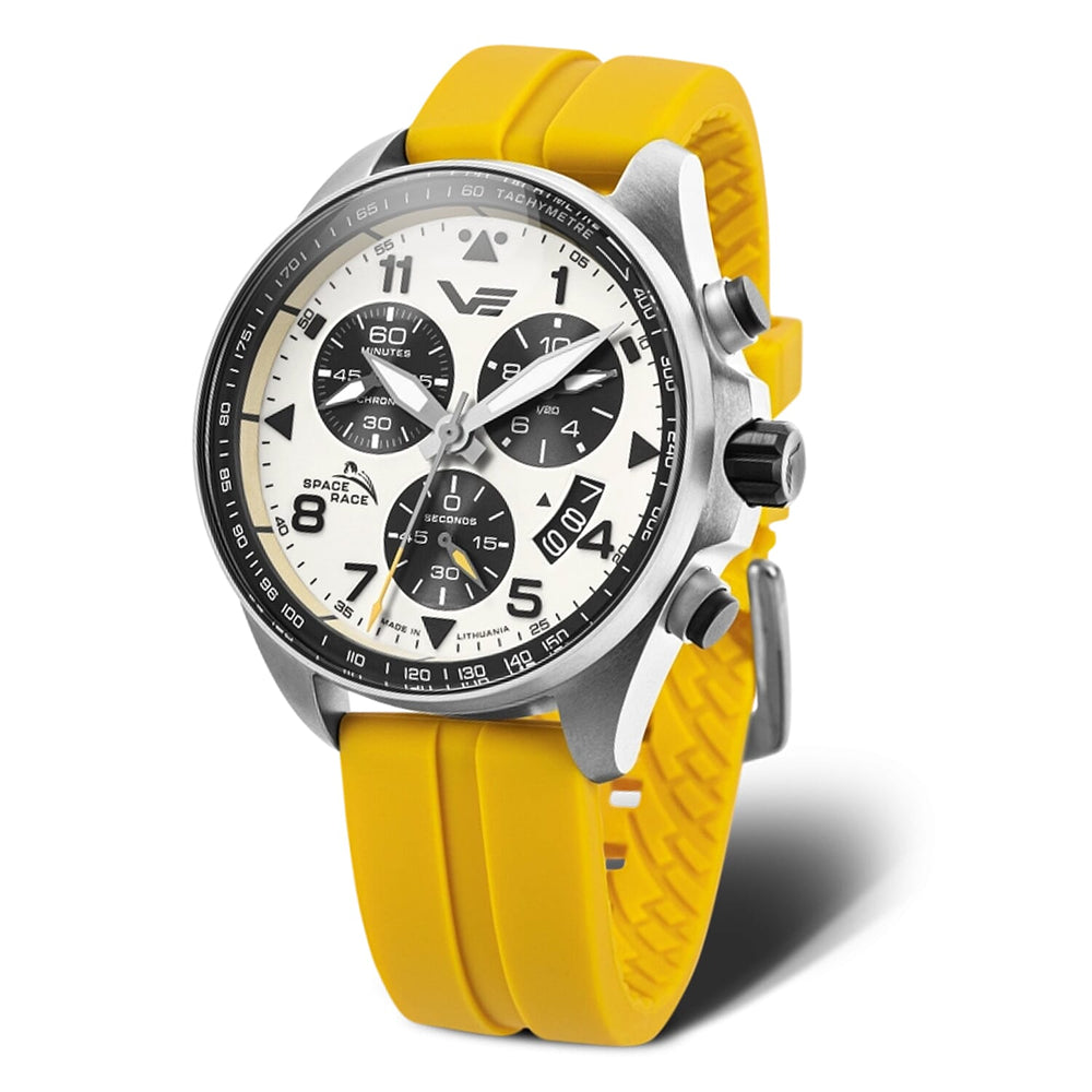 VOSTOK EUROPE Space Race Quartz Movt. 20ATM WR White Dial Mens Watch with Yellow Colour Strap