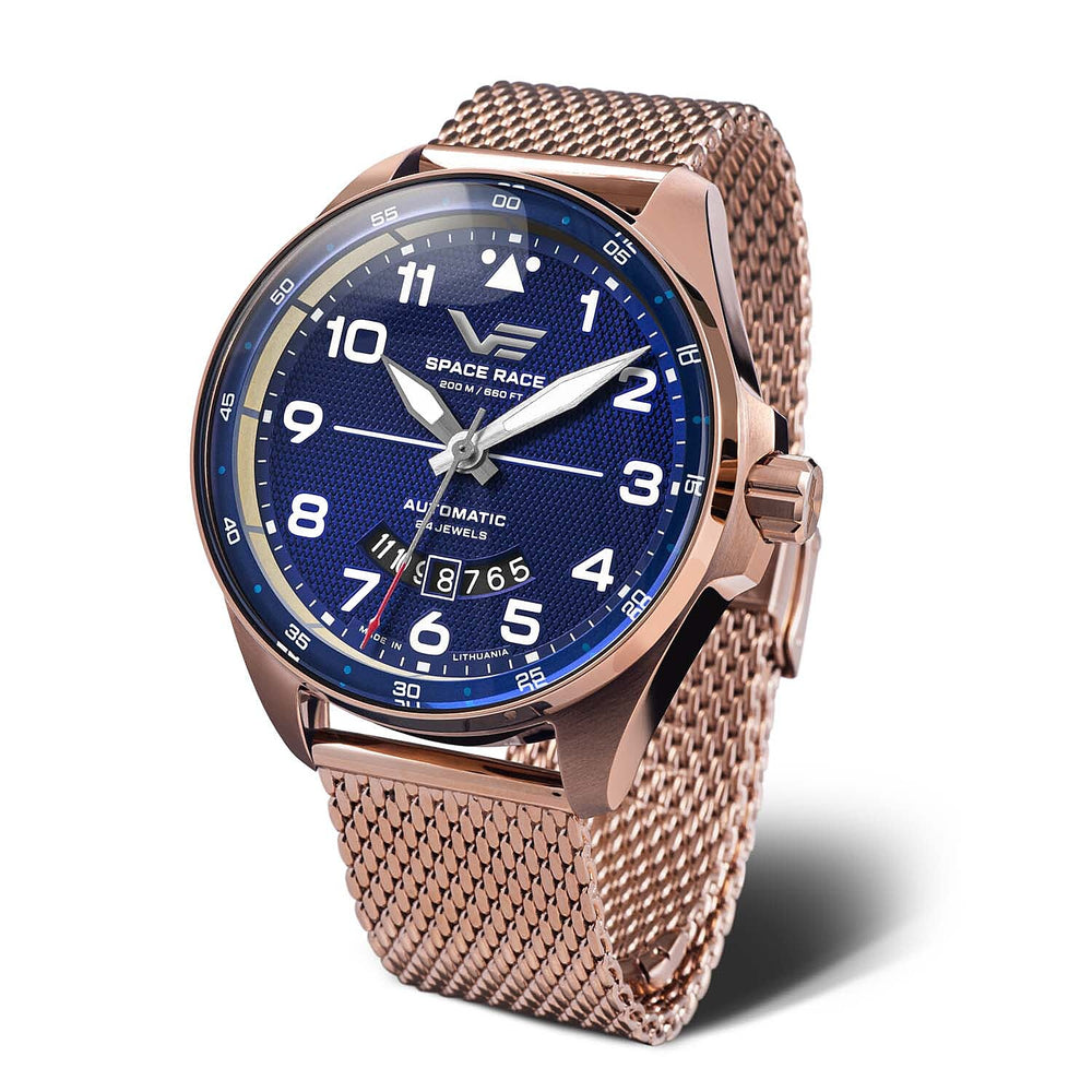 VOSTOK EUROPE Space Race Seiko NH35 Automatic Movt. 20ATM WR Blue Dial - Rose Case Mens Watch with Rose Stainless Steel Strap