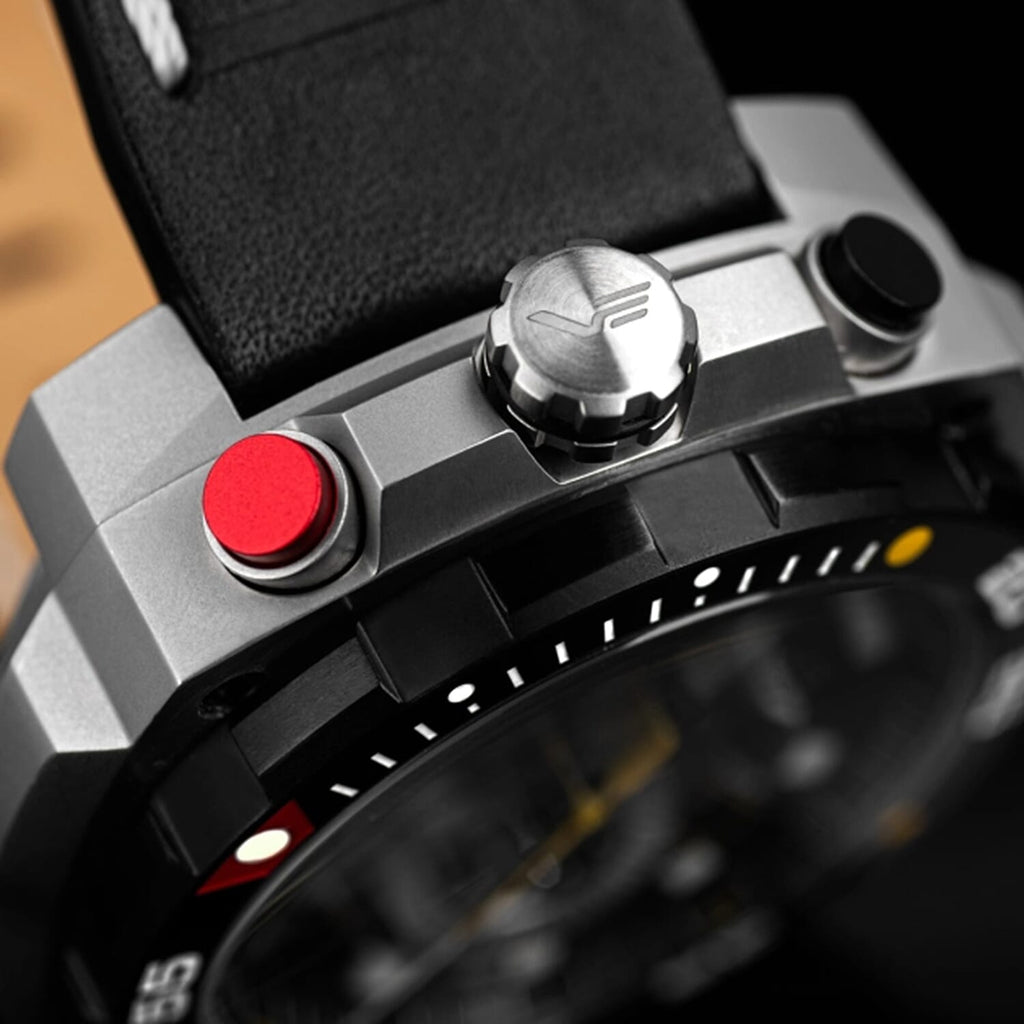 VOSTOK EUROPE Systema Periodicum Hybrid Quartz Movt. 20 ATM Water Resistant Watch with Black Silver Plating & Genuine Leather Strap