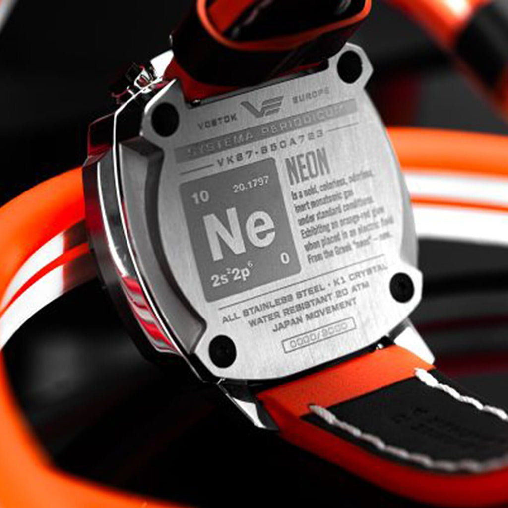 VOSTOK EUROPE Systema Periodicum Neon 20ATM WR Mens Watch with Orange Leather Strap