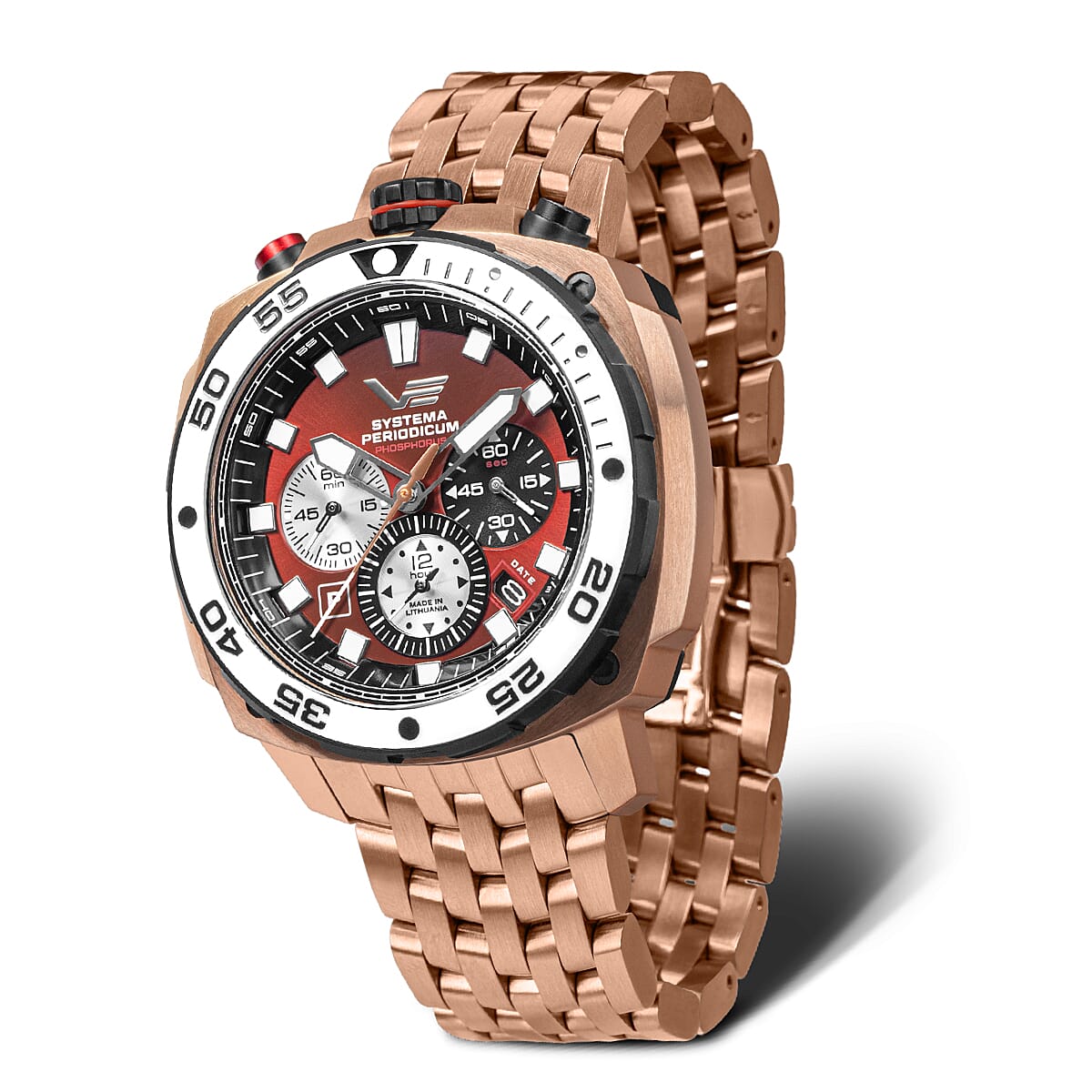 VOSTOK EUROPE Systema Periodicum Phospherus Quartz Movt. 20ATM WR Red Dial Mens Watch with Rose Colour Stainless Steel Strap