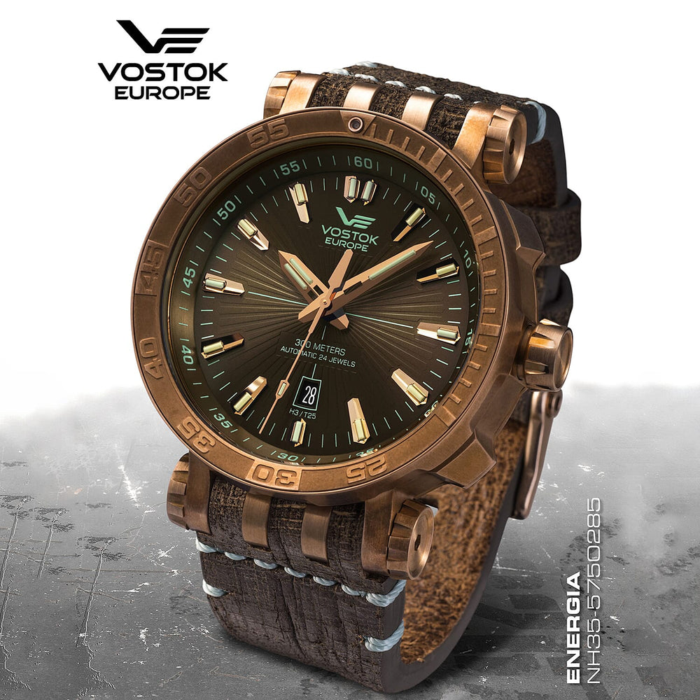 THE COLLECTORS DREAM  - VOSTOK EUROPE Energia Automatic Movt. 30ATM WR Bronze Plated Mens Watch with Brown Genuine Leather Strap