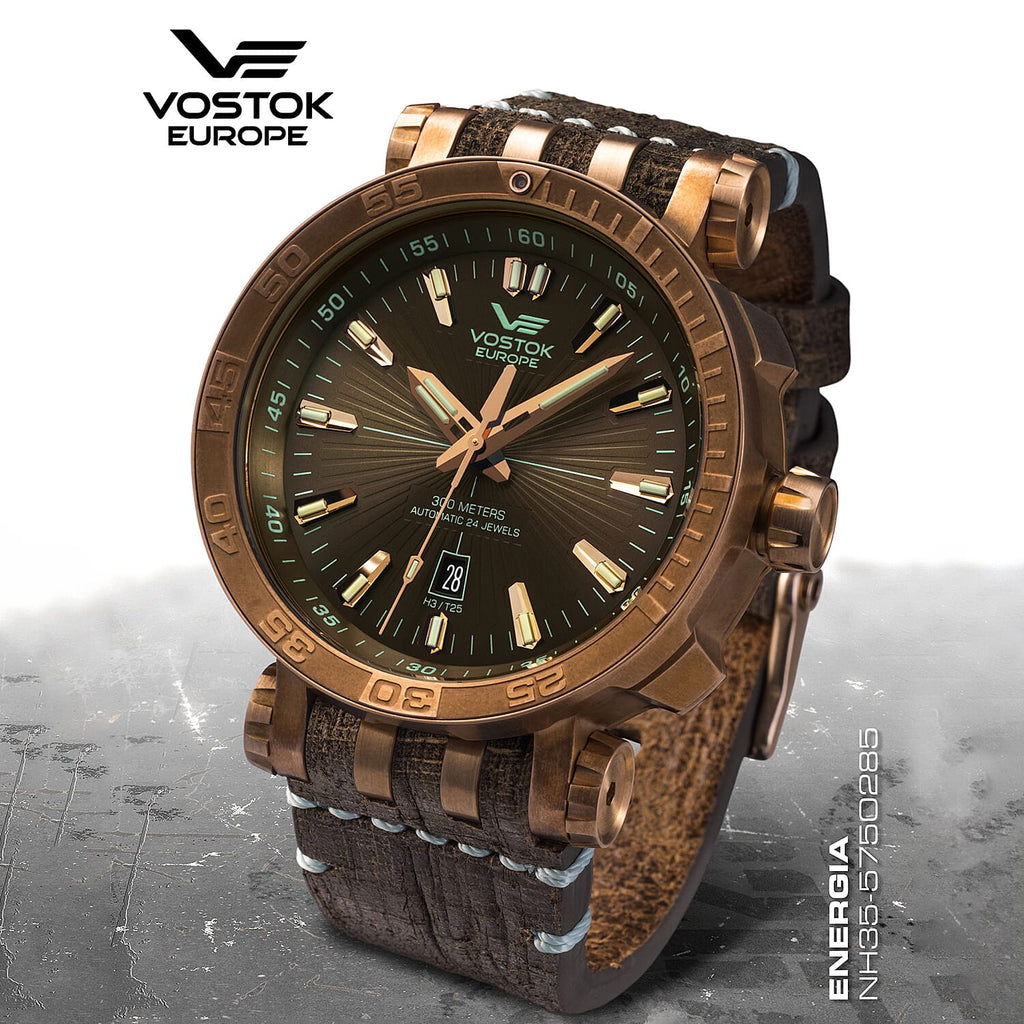 THE COLLECTORS DREAM  - VOSTOK EUROPE Energia Automatic Movt. 30ATM WR Bronze Plated Mens Watch with Brown Genuine Leather Strap