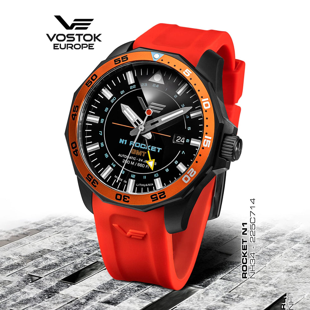 VOSTOK EUROPE Rocket N1 Automatic Movt. 20ATM WR Black PVD Mens Watch with Genuine Letaher Strap