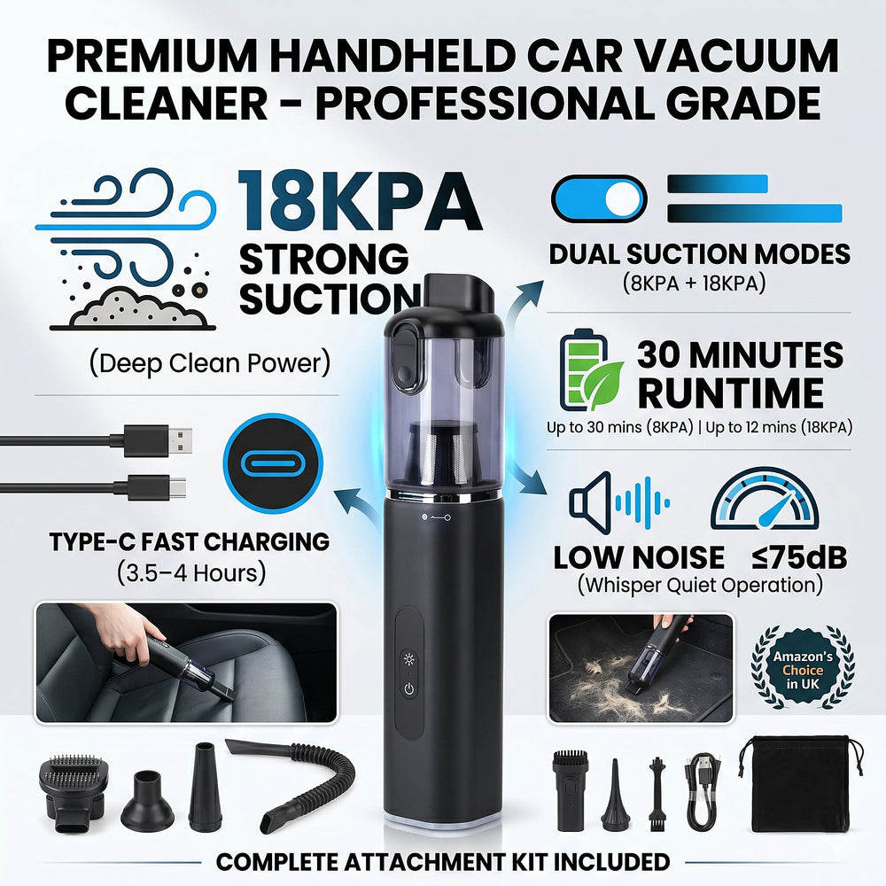 Bliss - Beyond Handheld Car Vacuum Cleaner - 18KPA High-Suction Portable Auto Hoover, 120W Rechargeable Type-C Car Detailing Tool - Black