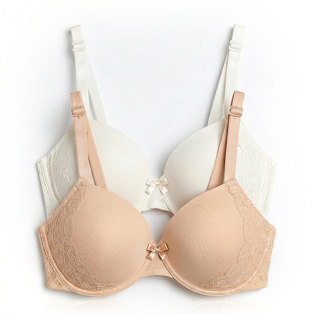 Valbonne Womens Pack Of 2 Padded Underwire T-Shirt Bra With Lace Detail (Size 38DD) - Beige - White