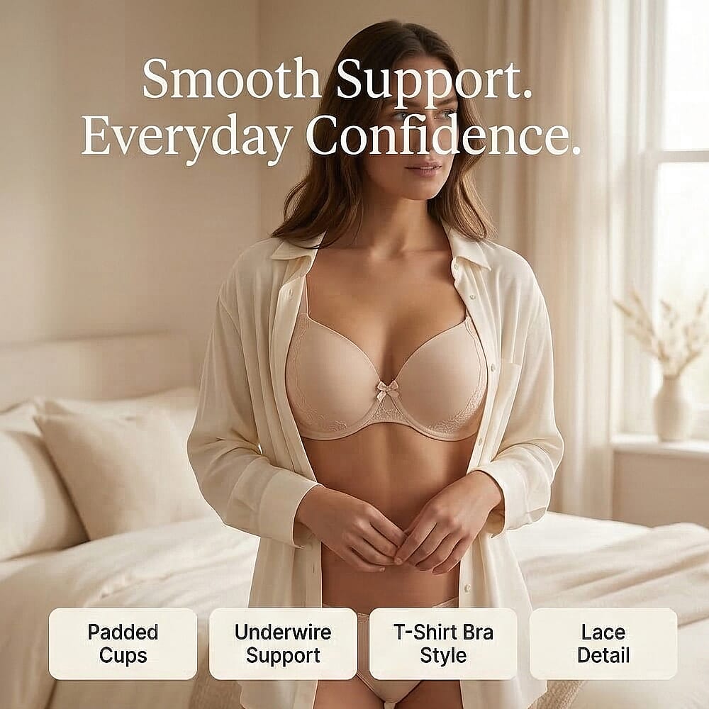 Valbonne Womens Pack Of 2 Padded Underwire T-Shirt Bra With Lace Detail (Size 38DD) - Beige - White