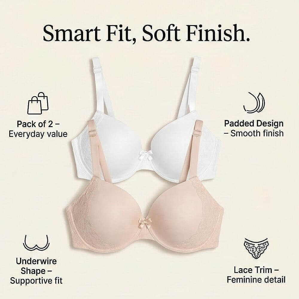 Valbonne Womens Pack Of 2 Padded Underwire T-Shirt Bra With Lace Detail (Size 38DD) - Beige - White
