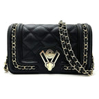 Valentino Orlandi Italian Designer Quilted Crossbody Bag with Gold-Tone Chain Strap - Black