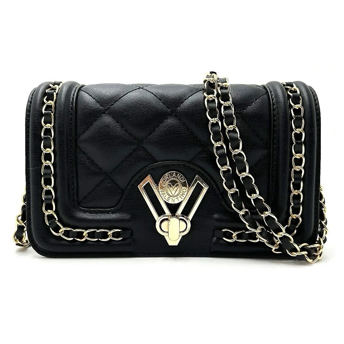 Valentino Orlandi Italian Designer Quilted Crossbody Bag with Gold-Tone Chain Strap - Black