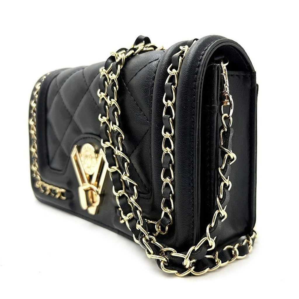 Valentino Orlandi Italian Designer Quilted Crossbody Bag with Gold-Tone Chain Strap - Black