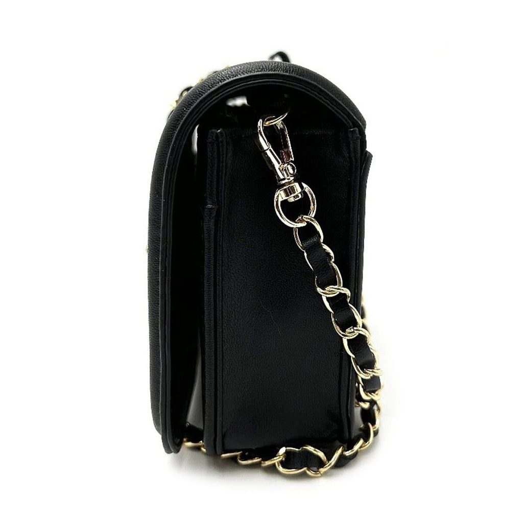 Valentino Orlandi Italian Designer Quilted Crossbody Bag with Gold-Tone Chain Strap - Black