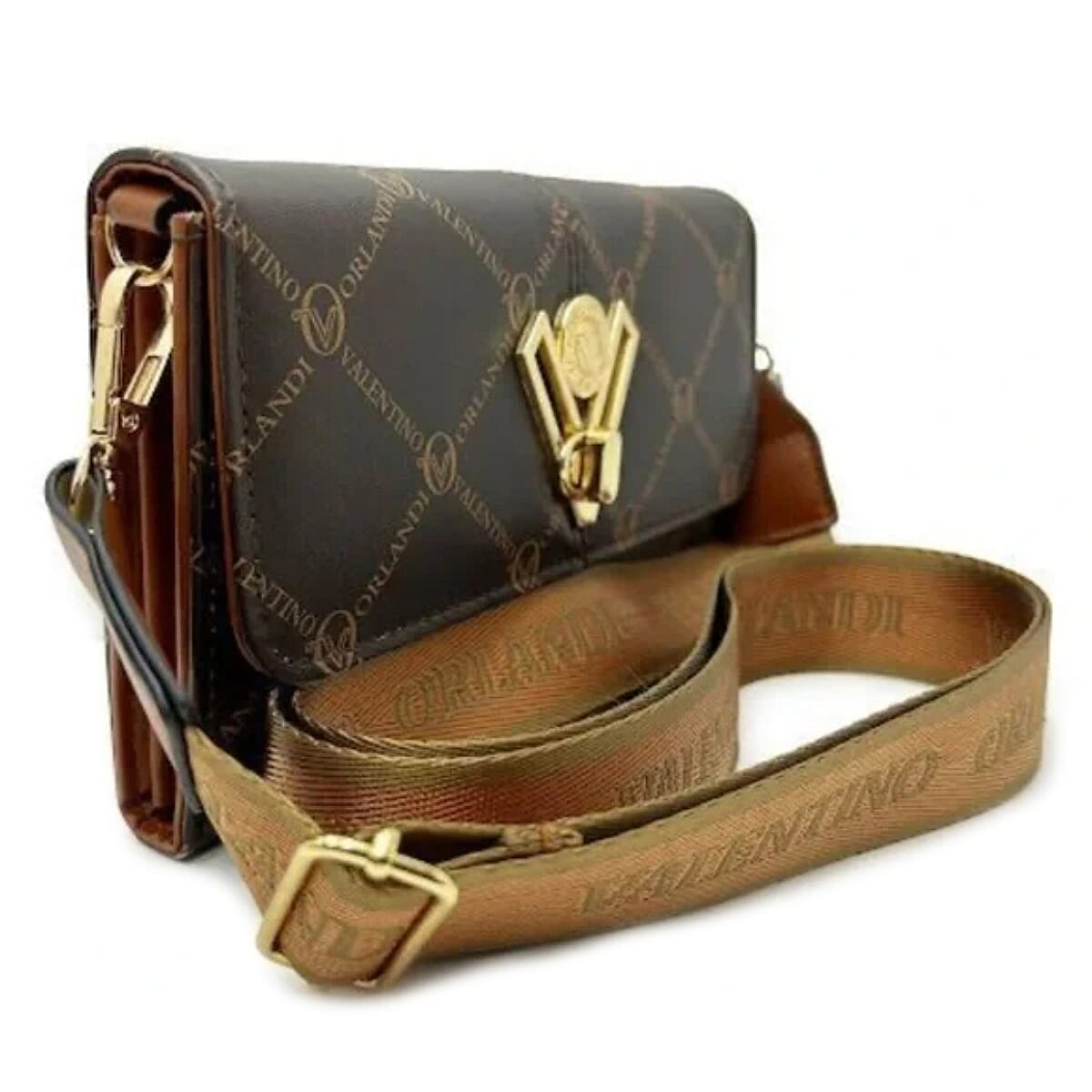 Valentino Orlandi Italian Monogram Status Print Crossbody Bag - Dark Brown