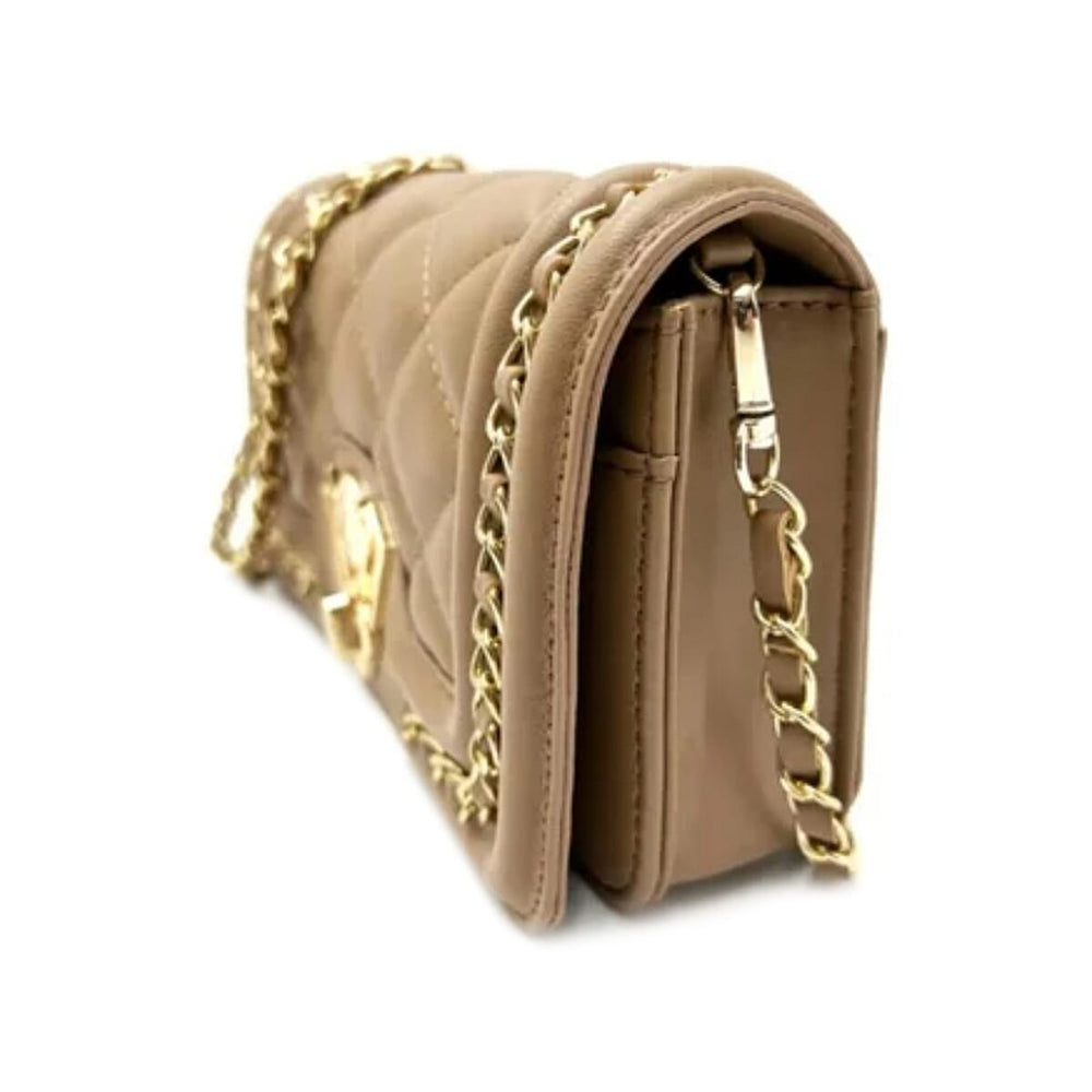 Valentino Orlandi Italian Designer Quilted Crossbody Bag with Gold-Tone Chain Strap - Taupe