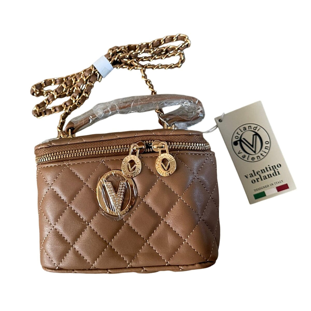Valentino Orlandi Quilted Handbag with Crossbody Strap - Taupe
