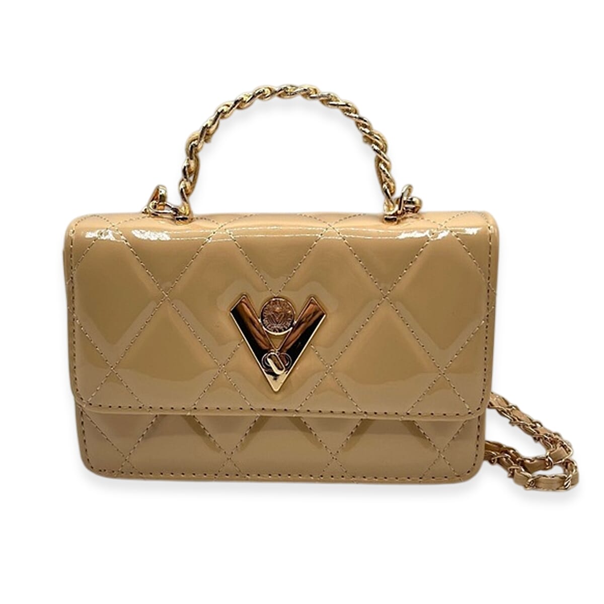 Valentino Orlandi Quilted Designer Handbag with Gold-Tone V-Lock - Taupe