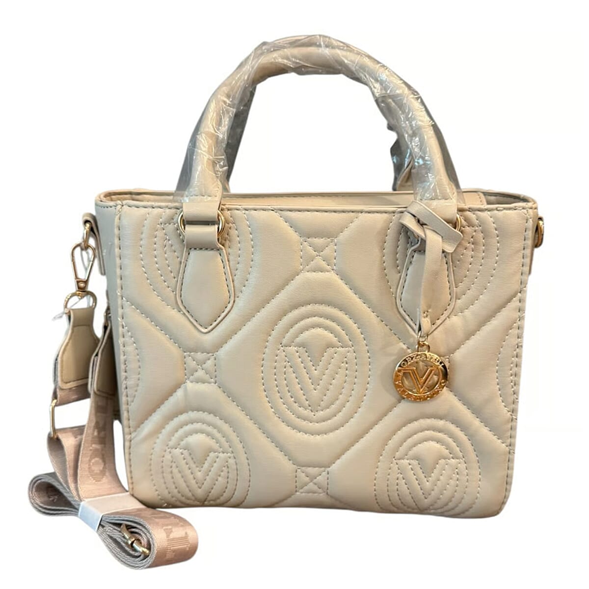 Valentino Orlandi Vegan Leather Designer Geometric Quilted Pattern Tote Bag - Light Taupe