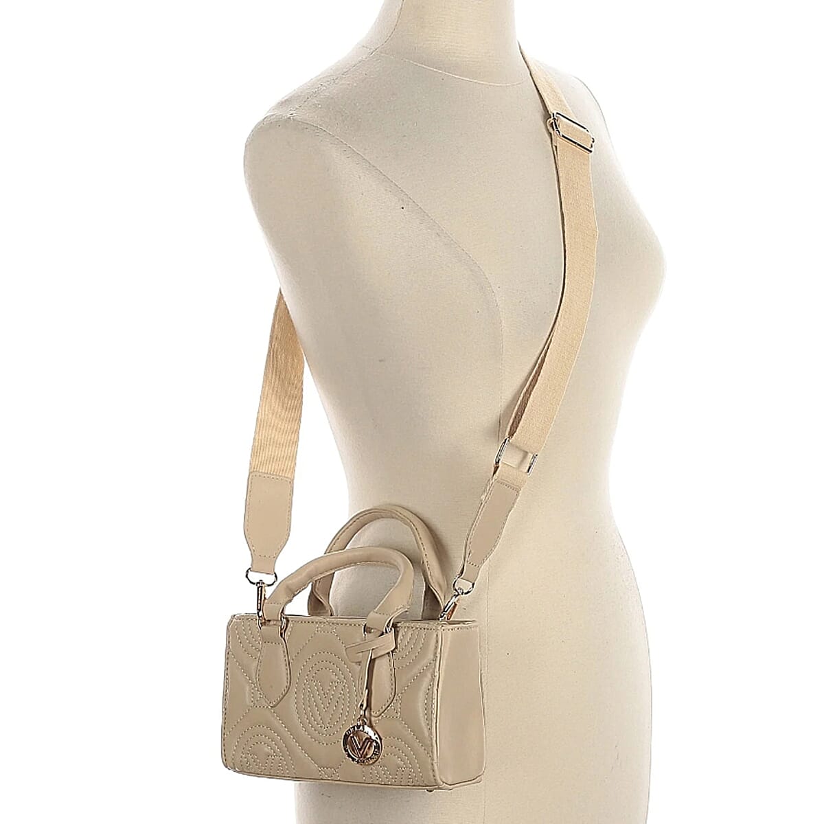 Valentino Orlandi Vegan Leather Designer Geometric Quilted Pattern Tote Bag - Light Taupe