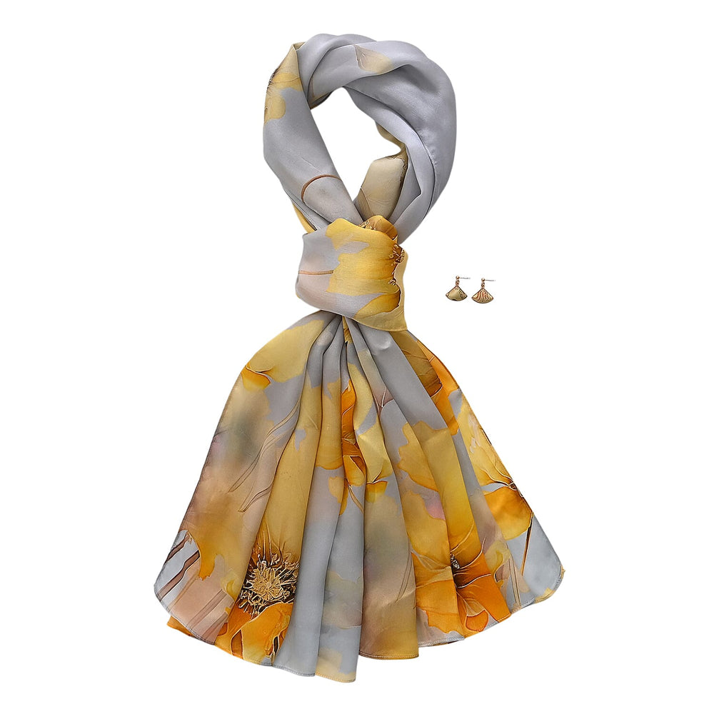 The luxury Re-defined - Valissiere 100 % Mulberry Silk Floral Print Scarf with Earrings - Grey - Yellow