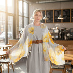 The luxury Re-defined - Valissiere 100 % Mulberry Silk Floral Print Scarf with Earrings - Grey - Yellow